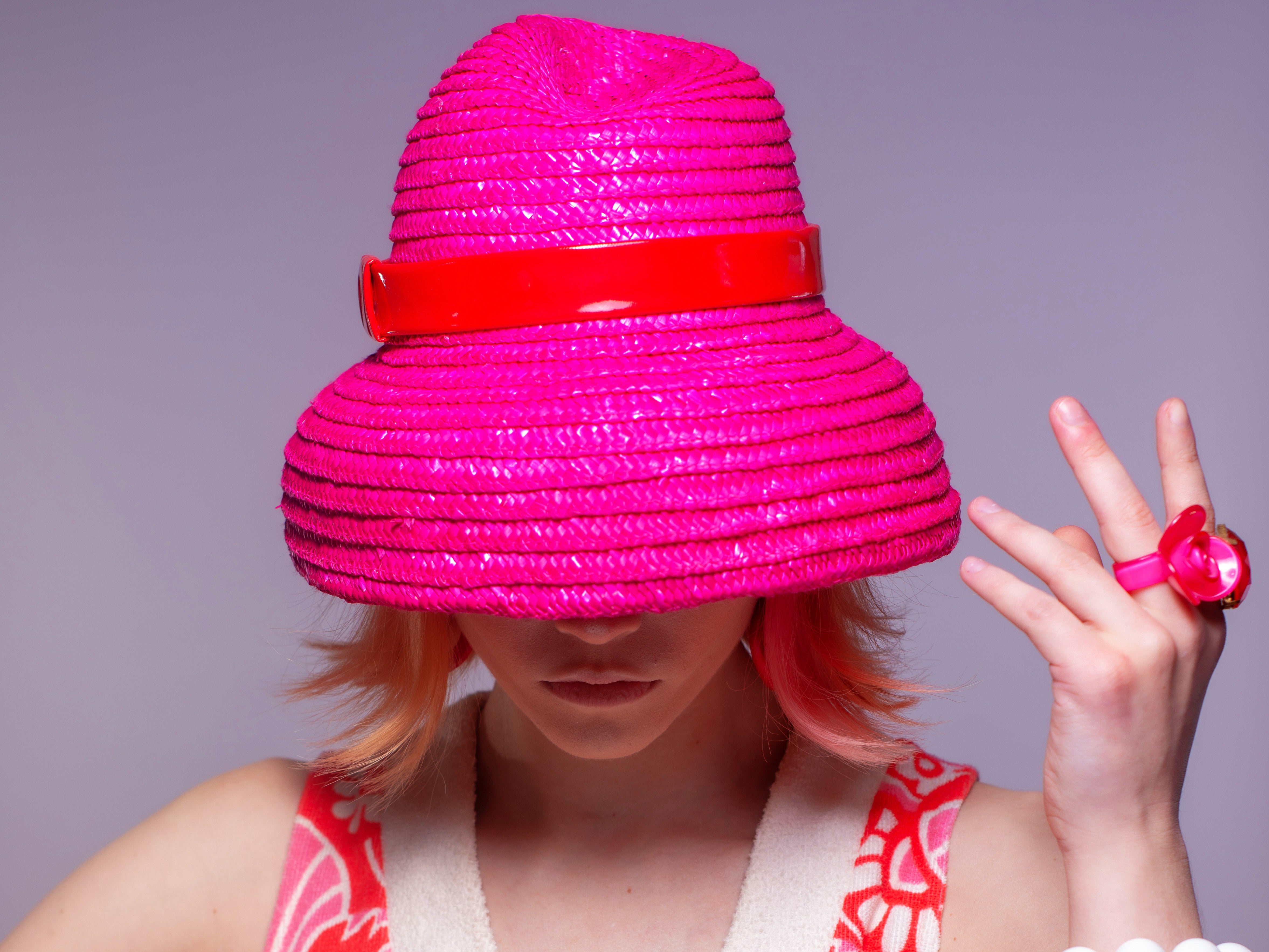 Cerise Straw Cloche Hat with Red PVC Band