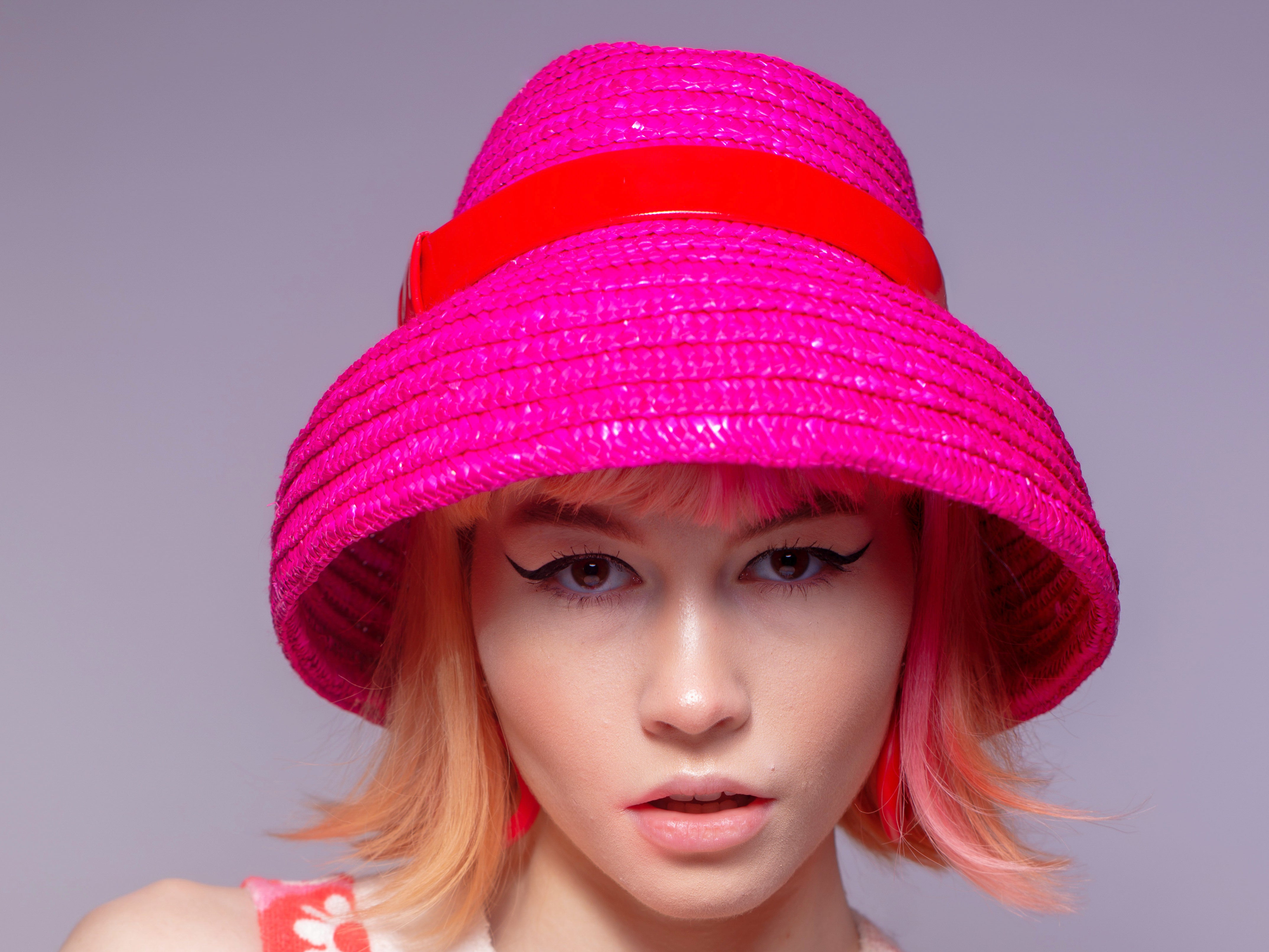 Cerise Straw Cloche Hat with Red PVC Band