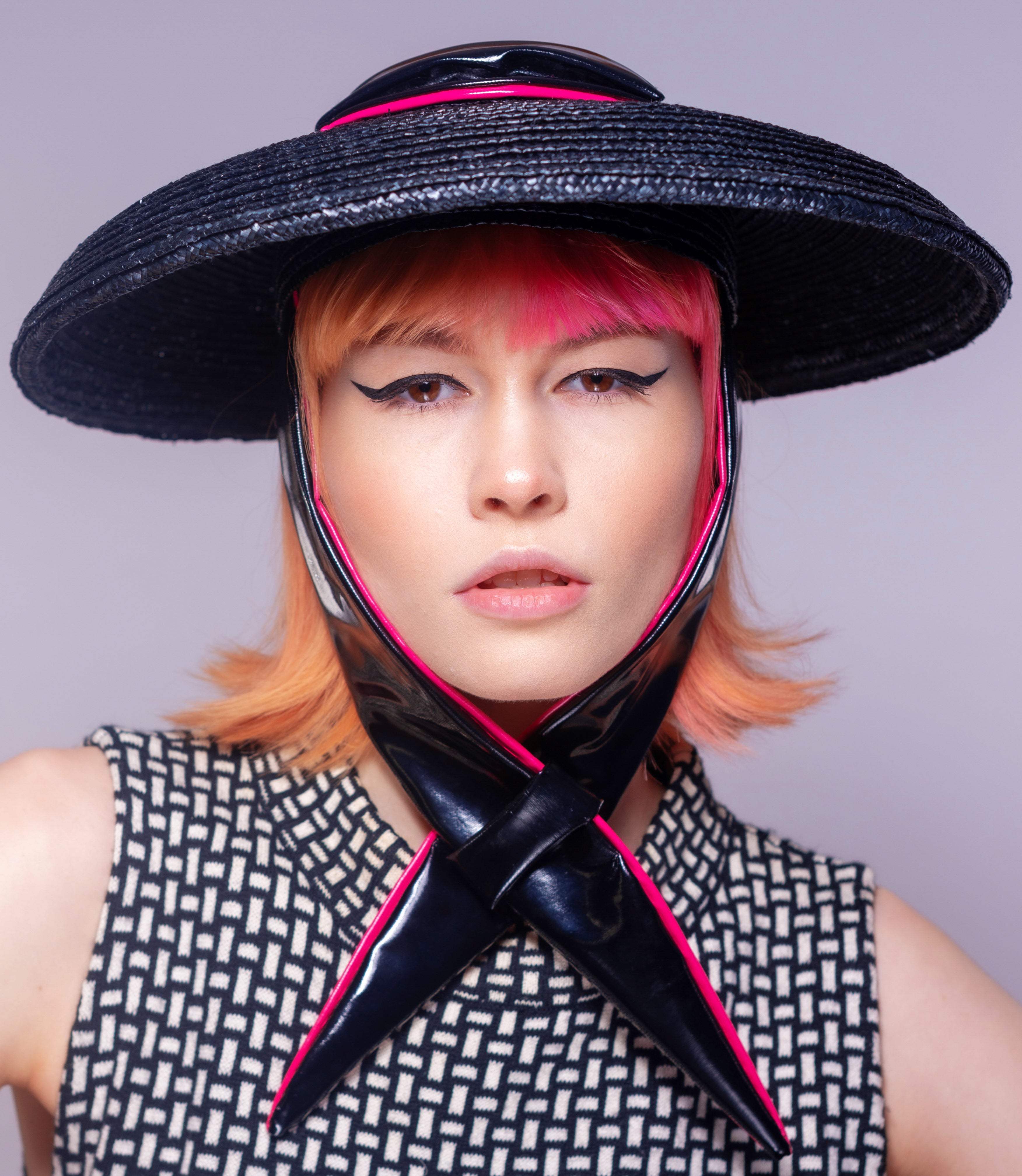 Black Straw 'Dior' Style Hat with PVC Scarf