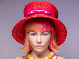 Red Straw Lampshade Style Hat with Pink PVC Band