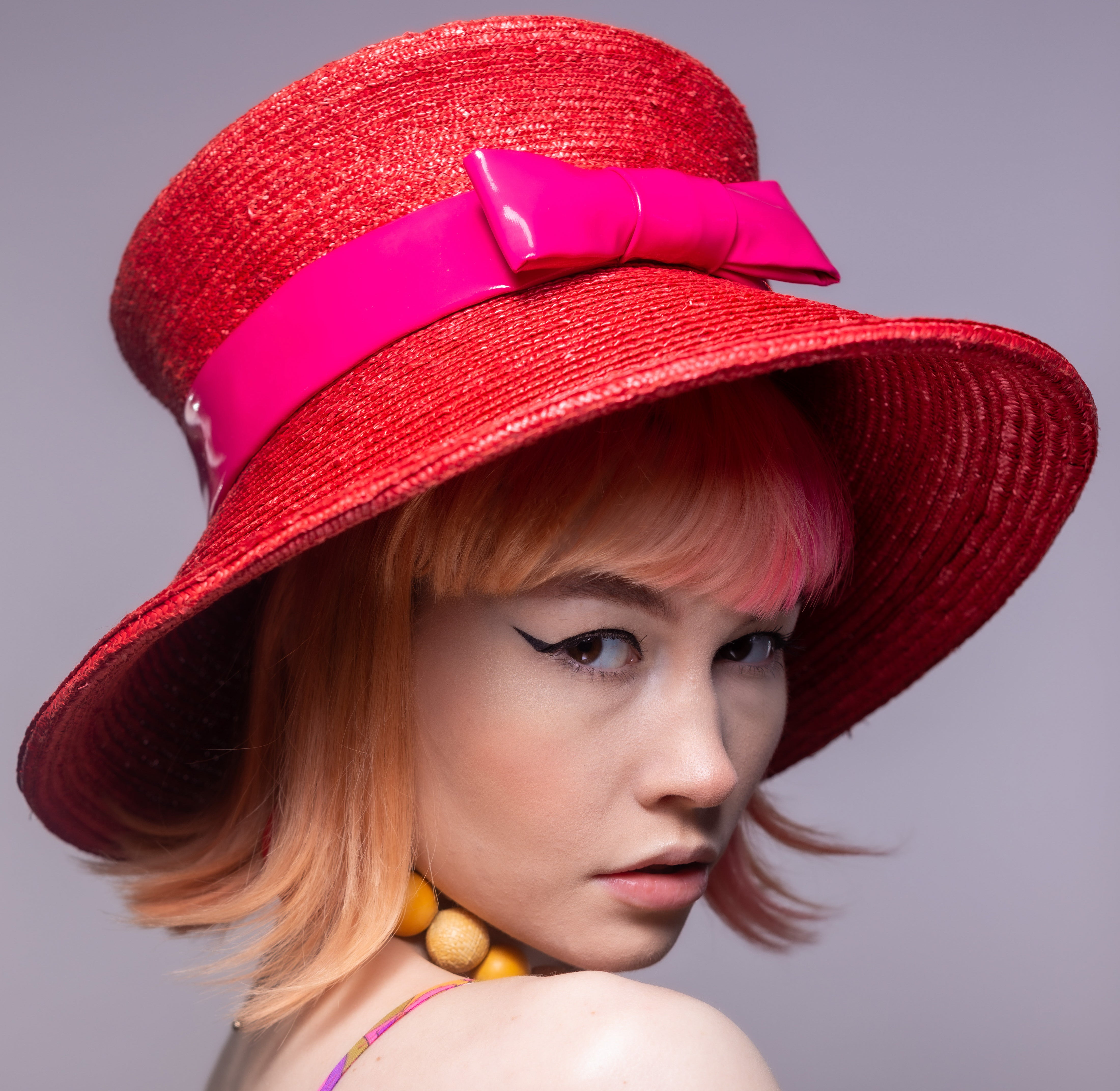 Red Straw Lampshade Style Hat with Pink PVC Band