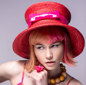 Red Straw Lampshade Style Hat with Pink PVC Band