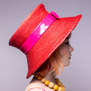 Red Straw Lampshade Style Hat with Pink PVC Band