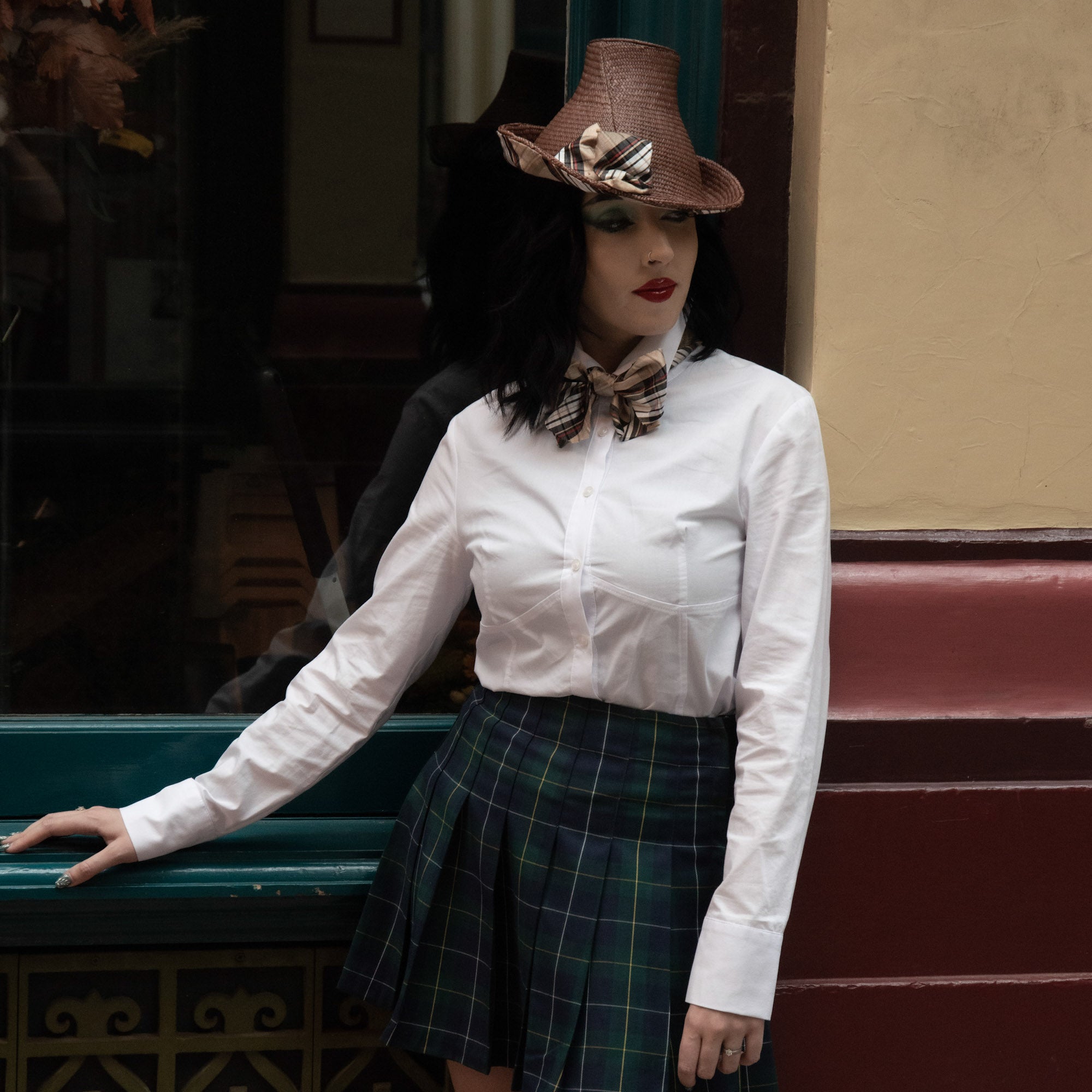 Chocolate Brown Panama Flowerpot Hat with Silk Tartan Trim