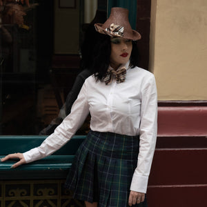 Chocolate Brown Panama Flowerpot Hat with Silk Tartan Trim