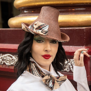 Chocolate Brown Panama Flowerpot Hat with Silk Tartan Trim