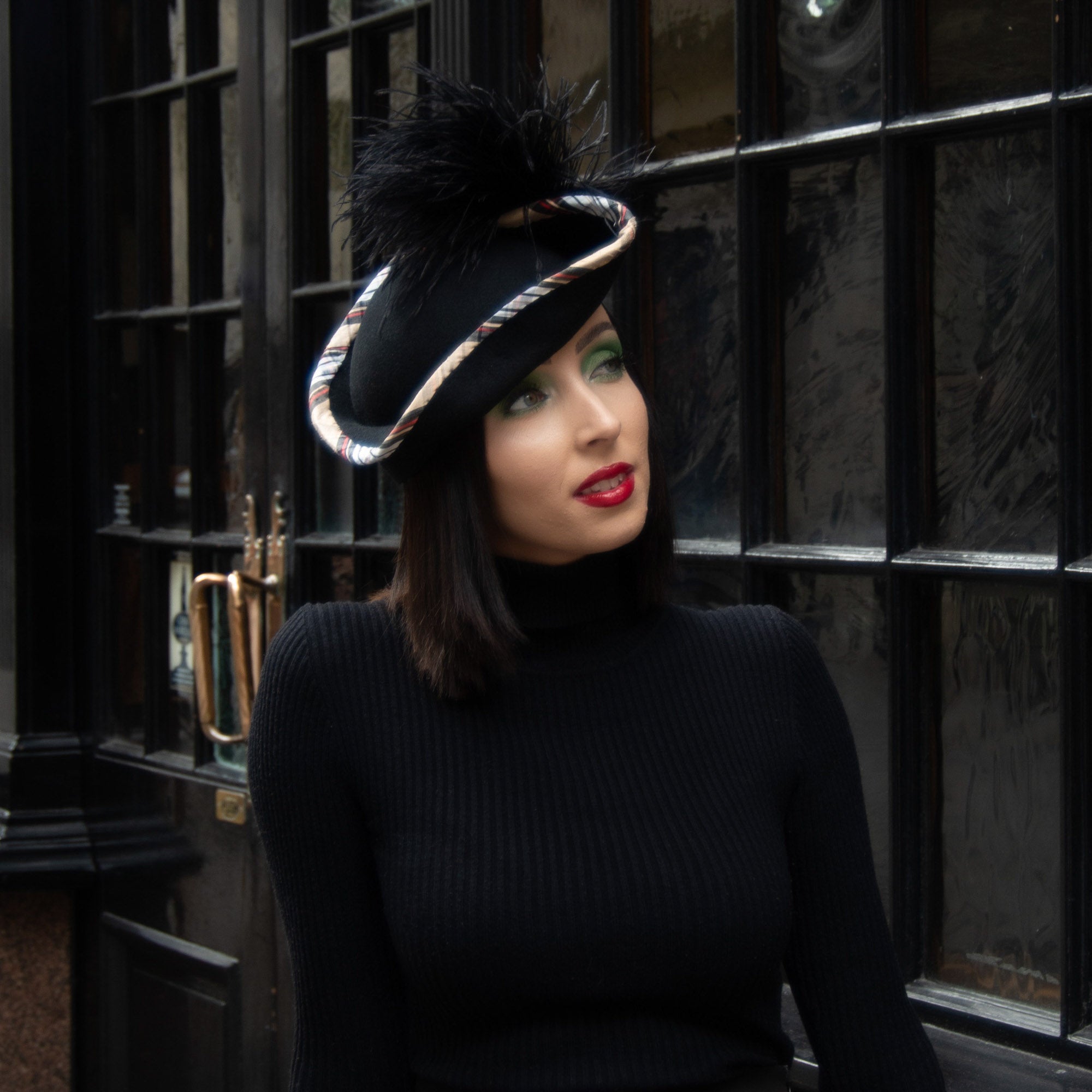 Black Felt Tricorn Hat with Tartan Trim and Black Feather Pompom